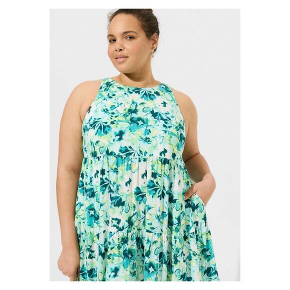 Torrid Green Watercolor Floral Gauze Halter Tiered Maxi Dress Sz.2 NWT - Picture 2 of 16
